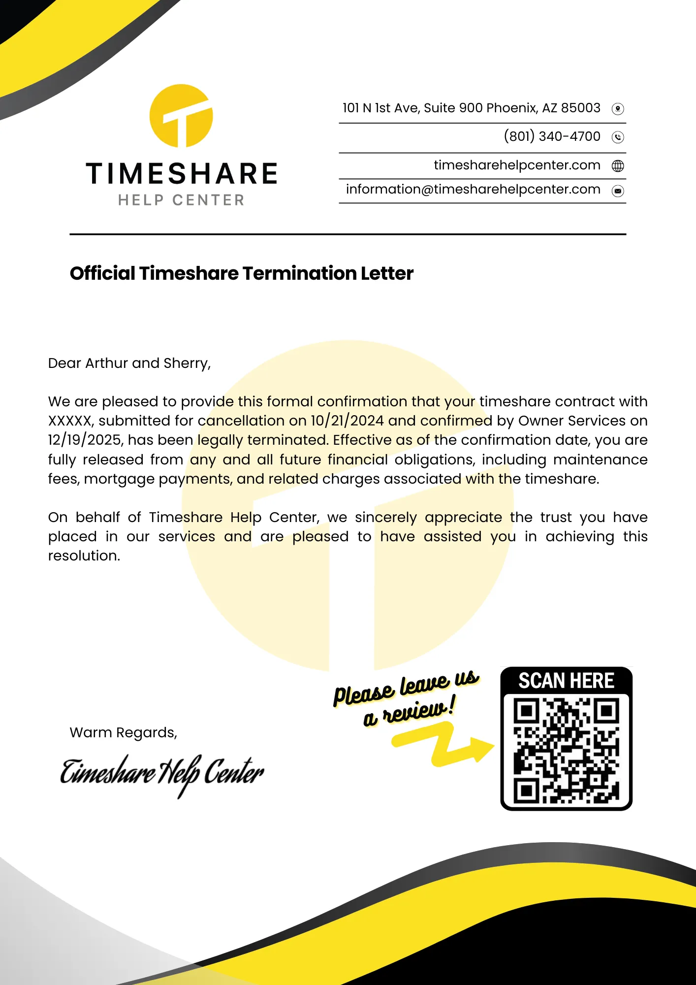 Carta de éxito de cancelación de tiempo compartido Arthur y Sherry - Centro de Ayuda de Tiempo Compartido