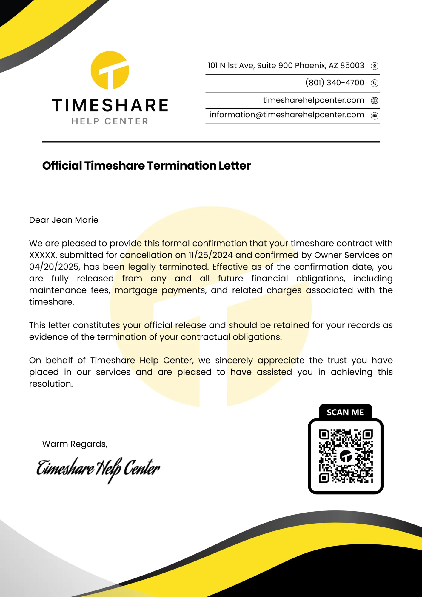 Carta de éxito de cancelación de tiempo compartido Jean Marie - Centro de Ayuda Tiempo Compartido