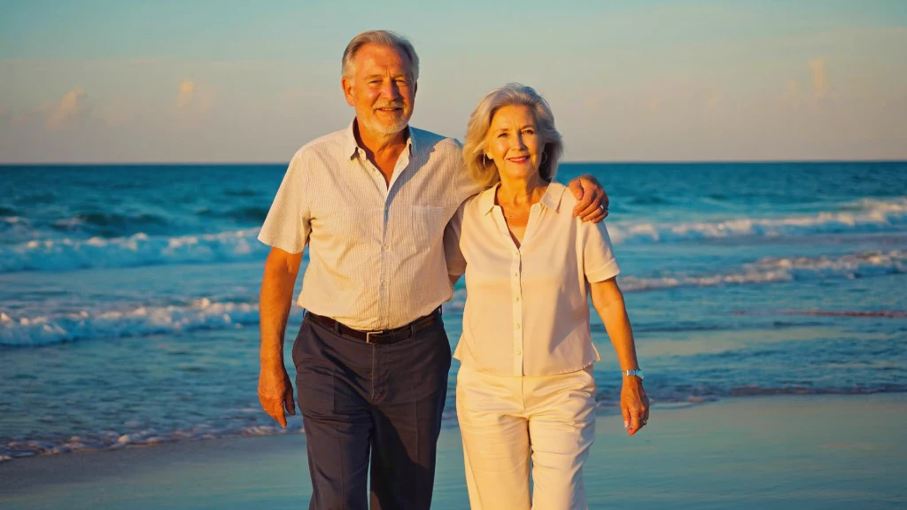 Una pareja feliz en la playa después de que el Centro de Ayuda de Tiempo Compartido cancelara su tiempo compartido.